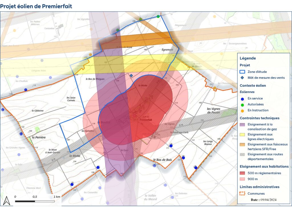 Carte des enjeux du projet éolien de Premierfait